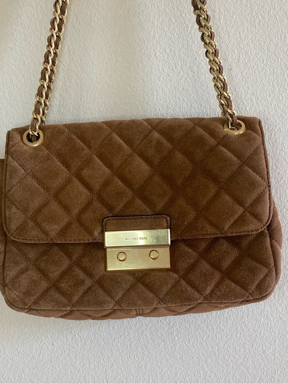 Michael Kors Quilted Suede Shoulder Bag in Tan with Gold Hardware